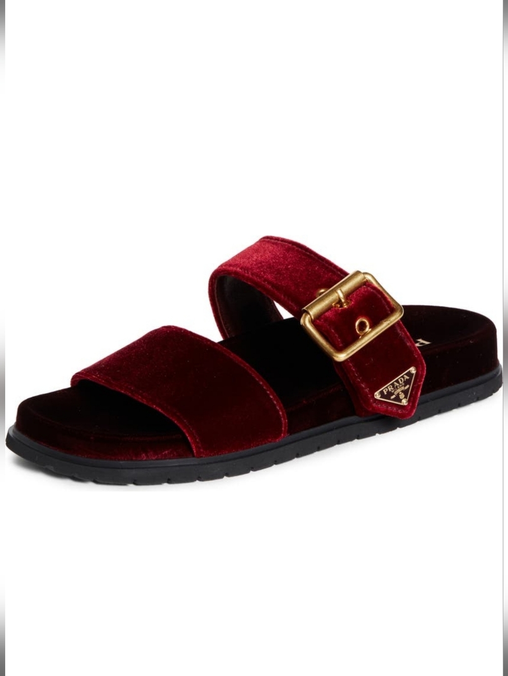 $1,020 PRADA Triangle Logo Double Dual Band Velvet Sandals Burgundy EU 37 US 7